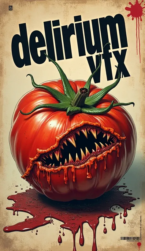 Punk fanzine style illustration of a rotten tomato with the words: "DELIRIUM VFX". Super resolution, super quality.
