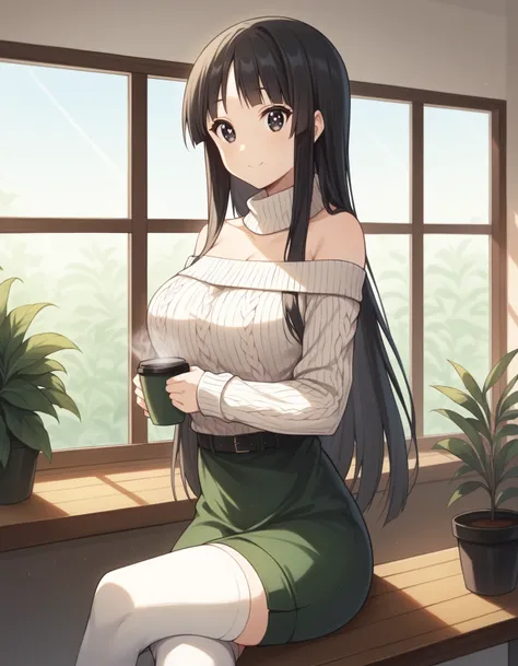 score_9+, score_8_up, ultra-highres, 8k resolution, hyper-detailed rendering,
mioakiyama,
mio akiyama, long hair, bangs, black hair, black eyes, hime cut,
off-shoulder sweater, bodycon skirt, thighhighs, bare shoulders,
silk fabric texture, subtle cleavage...