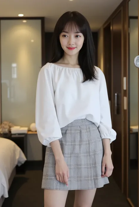 A photograph of a young Asian woman standing in a modern, well-lit hotel room. She has a fair complexion and long, straight black hair with bangs framing her face, wearing a gentle smile. Her outfit consists of a white, loose-fitting blouse with three-quar...