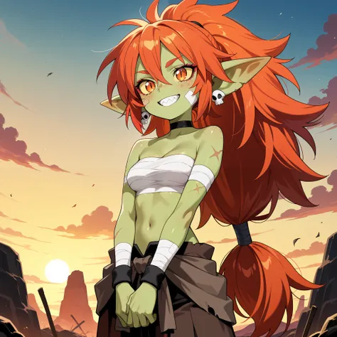 masterpiece, best quality, amazing quality, anime screencap. BREAK. 1girl, solo, earrings, long hair, jewelry, colored skin, sarashi, very long hair, smile, teeth, ponytail, red hair, pointy ears, grin, female goblin, breasts, sharp teeth, green skin, chok...