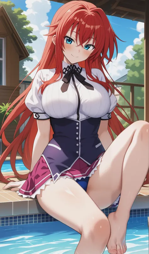  score _9,  score _8_arriba,  score _7_arriba,  score _6_arriba,  score _5_arriba,  score _4_arriba,   source  _animated, aarias ,  long hair,  red hair, choke, blue eyes,  big breasts,  swimsuit,  neck strap,  white shirt,  Short Sleeves,  underbust ,  mi...