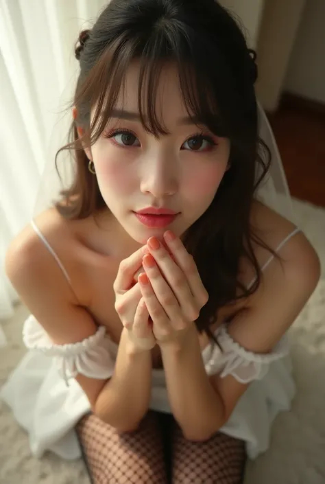  super realistic，  Japanese Girls，  girl's soft and straight hair ，Wear wedding dress ， Black Fishnet Stockings ，  Full Body Portrait， Sit on the edge of the bed  ，Drooping feet ，Best Quality Photos，  16K Ultra HD Resolution   ，  Masterpiece:1.2，extreme de...