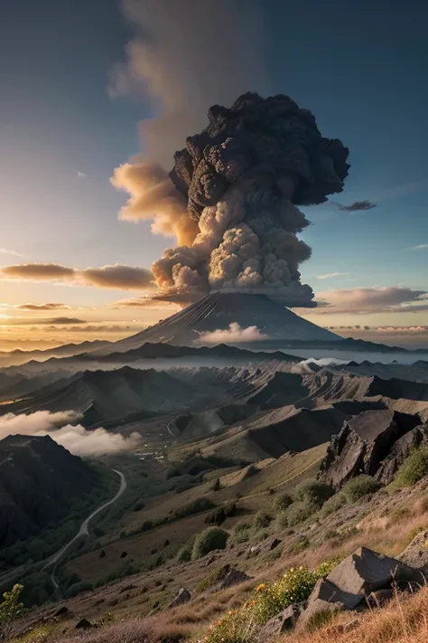 "A breathtaking view of Mount Merapi, Indonesia's most active volcano, surrounded by lush green forests and dramatic volcanic landscapes. The sunrise casts a golden glow over the rugged peaks, with mist rolling through the valleys below. The scene is both ...