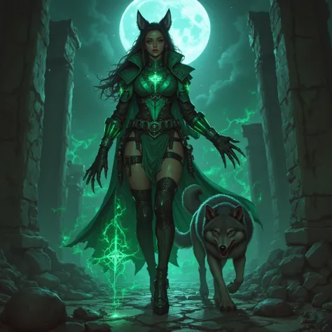 - Main Character, Adult Female "Lesotho", Beautiful, Tall, Long Legs, Wolf Ears and Tail (wearing Piercings), dreadlocks, glasses (Clear Green).

- Wearing a costume ("Full Sexy Armor").
Chest and Thigh Armor are slightly open.
Futuristic Costume Design.

...