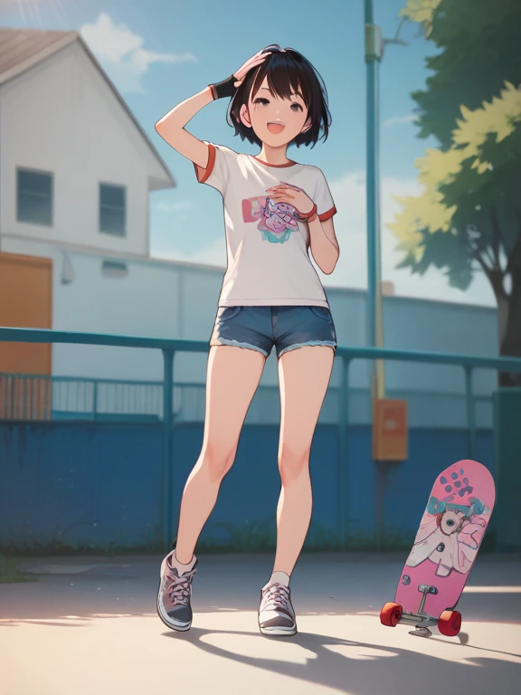  score_9,  score_8_ up,  score_7_ up,  score_6_ up,  score_5_ up,  score_4_ up,  anime，nsfw，  uncensored ， A  is riding a small skateboard，boyish ， short， Toddler type，Accurate and detailed skateboard ，