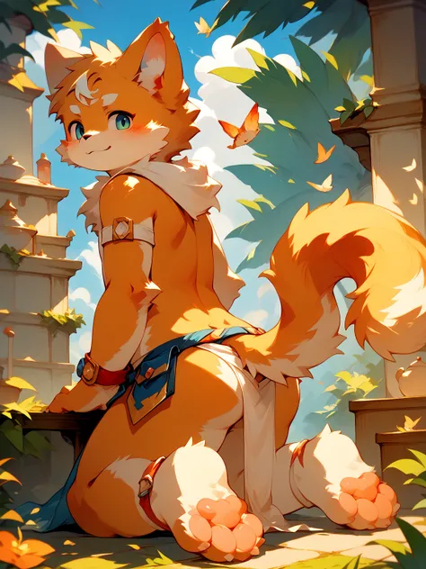 furry,full body shot,adult,detailed fur,masterpiece,ultra quality,highly detailed,8k,anatomically correct,hairy,fluffy,cat,gently smiling,chubby,shota,kawaii,hips up,raising hips,kemono,in doggy style, back to screen,in loincloth,on knees,kneeling down