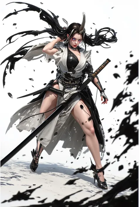     black and white painting    ,Ink painting,  Violent splashes of water floating in the ocean,  cool trendy anime face　The strongest muscular warrior、Japanese Armor、White background 　 Hi-Res,  Masterpiece,  high detail,  high quality,  super high heels, ...