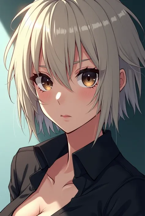 (Anime style woman Dandadan) (Wolfcut style messy and short platinum hair) ( dark brown eyes) 