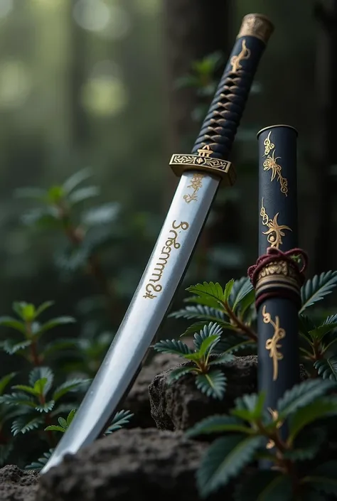 Make an iron katana with gold details on the sheath and the name Suna written on the blade in Japanese 