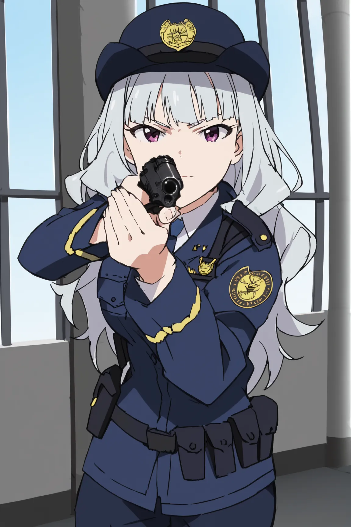 score_9, score_8_up, score_7_up, source_anime, uncensored, nsfw, anime screencap,
 1girl, solo, grey hair, long hair, purple eyes, breasts, center axis relock stance, looking at viewer, holding, closed mouth, weapon, holding weapon, gun, holding gun, handg...