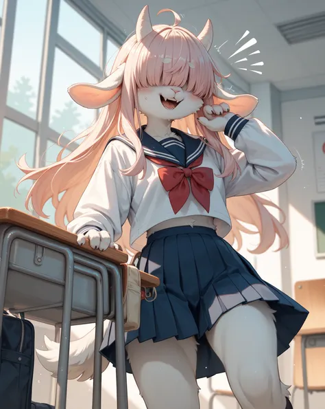 school girl , furry female goat , geek , Introvert , senseLess , long hair , bangs , hair over eyes , school uniform , bold action , (upskirt by hand:0.9)