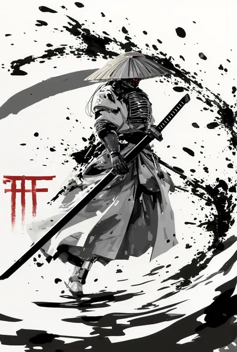   black and white painting  ,Ink painting,  splash floating in the sea,  samurai、Draw your sword、  Heishiro Mitsuro、 is cool　 has a white background　Sunset　Red Torii Gate