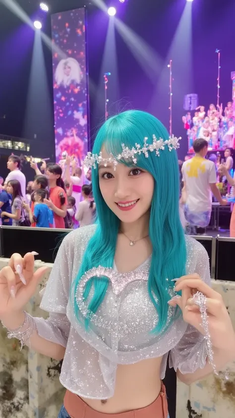  "A futuristic virtual idol with holographic accessories, long flowing neon blue hair, wearing a sleek, shiny silver outfit with a glowing heart-shaped pattern, performing on stage under vibrant lights with a lively crowd in the background. She has a brigh...