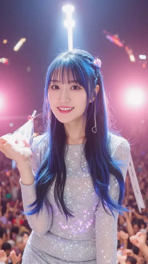  "A futuristic virtual idol with holographic accessories, long flowing neon blue hair, wearing a sleek, shiny silver outfit with a glowing heart-shaped pattern, performing on stage under vibrant lights with a lively crowd in the background. She has a brigh...