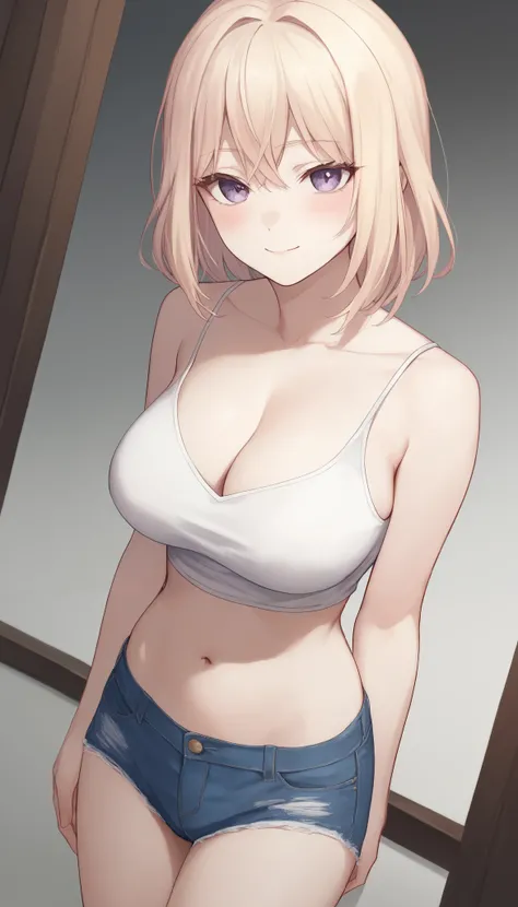 misumi uika, 1girl, solo, light smile, white tanktop, large breasted, cleavage, hide nipple, navel, (very hot denim pants), torn denim, barelegs, barearms, blush, looking at viewer, dutch angle, cowboy shot, score_9, score_8_up, score_7_up