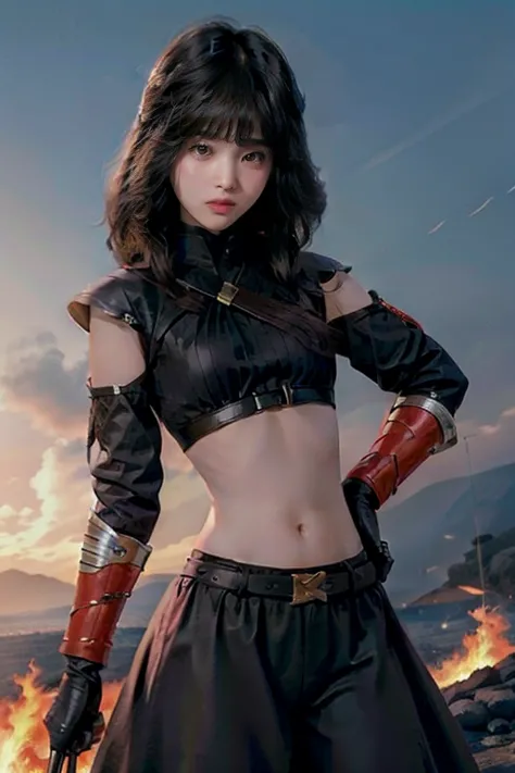 8k,   young woman,  black hair ,  semi-long hair, armor, black midriff , Fire Witch , Warrior costume ,   pelvic curtain , , firepower , Pillars of Fire ,  Burning Fire,  LONG GLOVES,  Black clothes  , Shining Eyes,  Eyeliner, Concentrated,  serious expres...