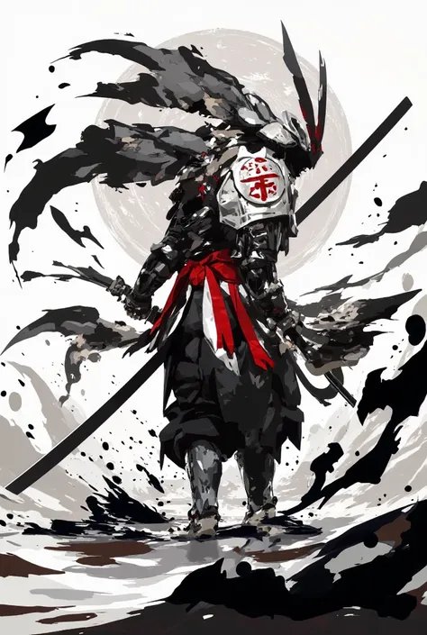       black and white painting      ,Ink painting,    Splashes of ink floating in the sea of ink  ,    cool face from a popular anime  、  A muscular demon samurai with a cool armor helmet 、  Torii with platinum background   、  expressed by the color of ink...