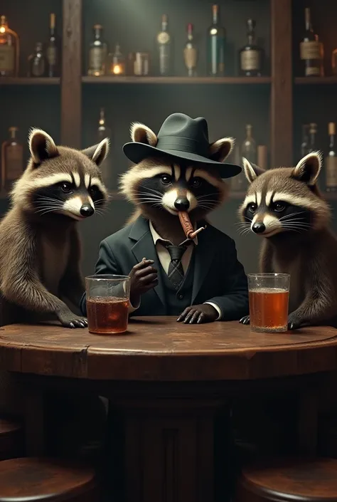 A raccoon smoking a cigar in a bar with a drink and two friends who are also raccoons leading him to the bad life of alcohol