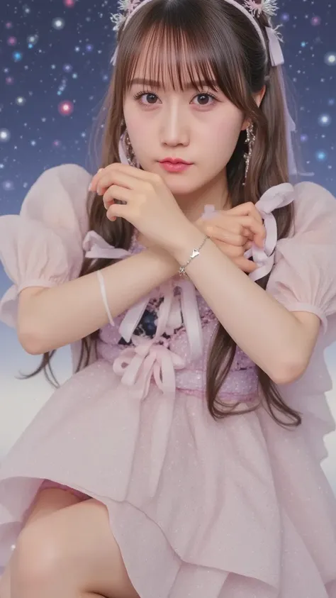 "A cute virtual idol with pastel pink and lavender hair styled in pigtails, wearing a frilly, magical girl-inspired outfit with bows and ribbons, singing on a cloud with a glowing starry sky behind her. Her eyes are large and expressive, and she holds a mi...