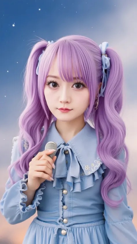 "A cute virtual idol with pastel pink and lavender hair styled in pigtails, wearing a frilly, magical girl-inspired outfit with bows and ribbons, singing on a cloud with a glowing starry sky behind her. Her eyes are large and expressive, and she holds a mi...