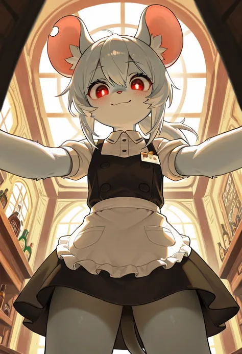 (masterpiece), best quality, expressive eyes, perfect face,  3 furry white mouse girl wearing a black waitress a dress, mouse body, ponytail, big open eyes, red  eyes, standing, cute smile, looking down at viewer, wide angle shot, shot from below, pub scen...