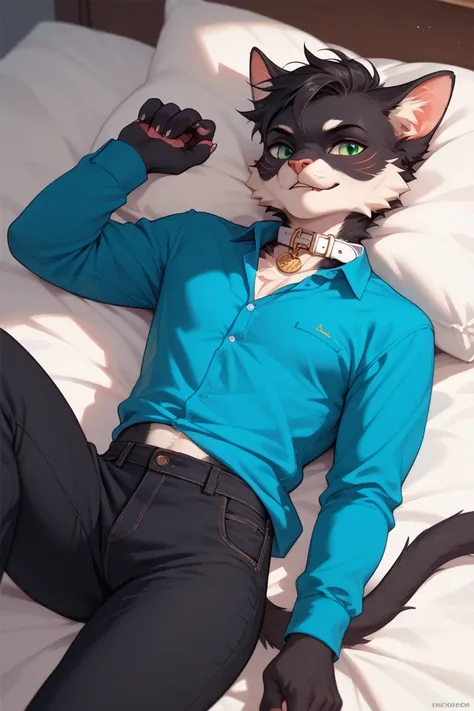 A anthro cat with black fur and green eyes Wearing a navy blue shirt with black pants, having his paws out wearing a white collar Laying on a bed