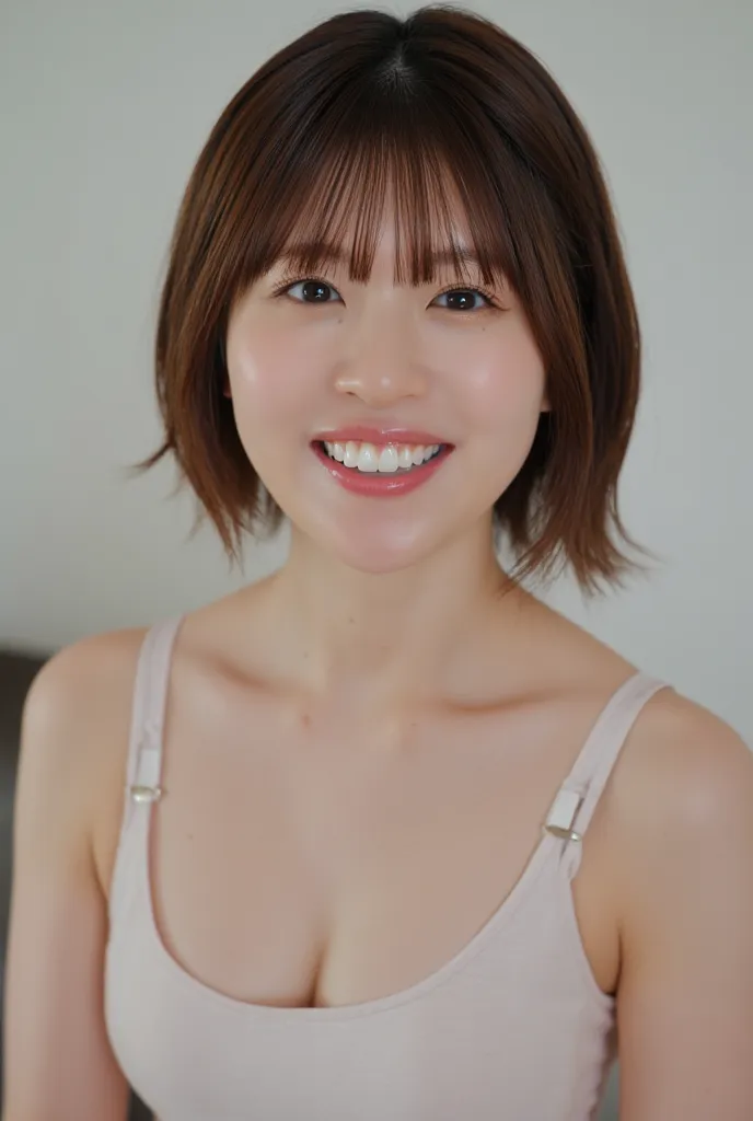   Natural Cosmetics ,  short bob,  beautiful eyes ,  beautiful lips, ,(  slender body),  big breasted,  happy expression to surroundings , Orbital Space ,  bright room,  living room ,  table in front of the left side of the screen  ,  container on table  ,...