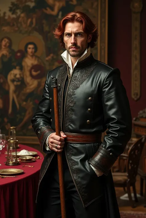 Portray Cedric Eldebrandt as an influential politician in a medieval environment.  He must wear an elegant court suit ,  with dramatic leather and metal details , that he transmits his authority . Your hair is dark red,  slightly wavy ,  and he holds a com...