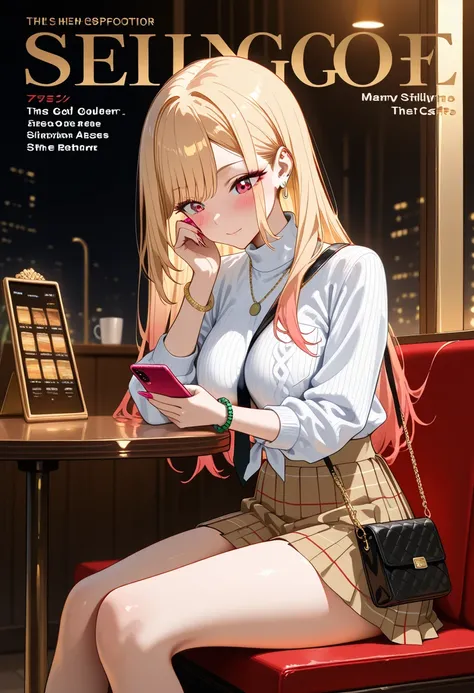 Marin Kitagawa, sitting at a stylish café booth, casually browsing her phone, absentmindedly shifting her posture as she repositions her legs, looking down at the display, her body slightly angled, long loose blonde hair cascading over her shoulders, light...