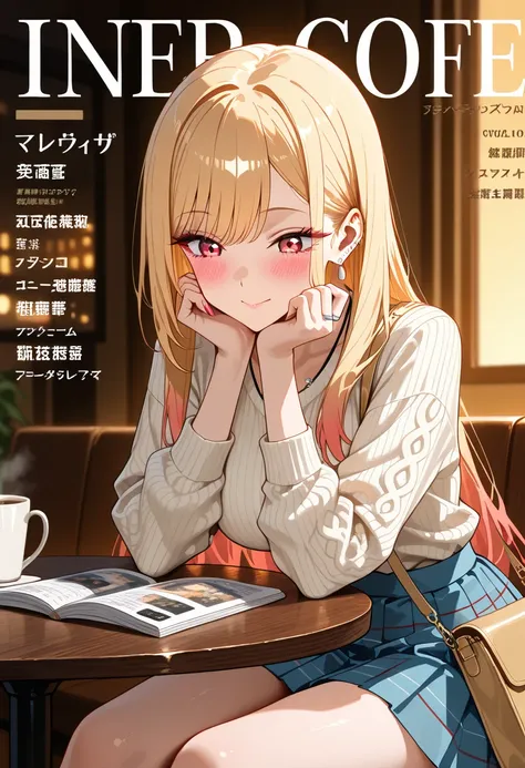 Marin Kitagawa, sitting at a stylish café, casually leaning forward with both hands resting on the table, intently reading the menu in front of her, looking down with a thoughtful expression, long sleek blonde hair softly framing her face, light pink ombre...