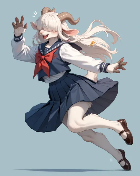 school girl , furry female goat , geek , Introvert , long hair , bangs , hair over eyes , school uniform , bold action , ballet pose