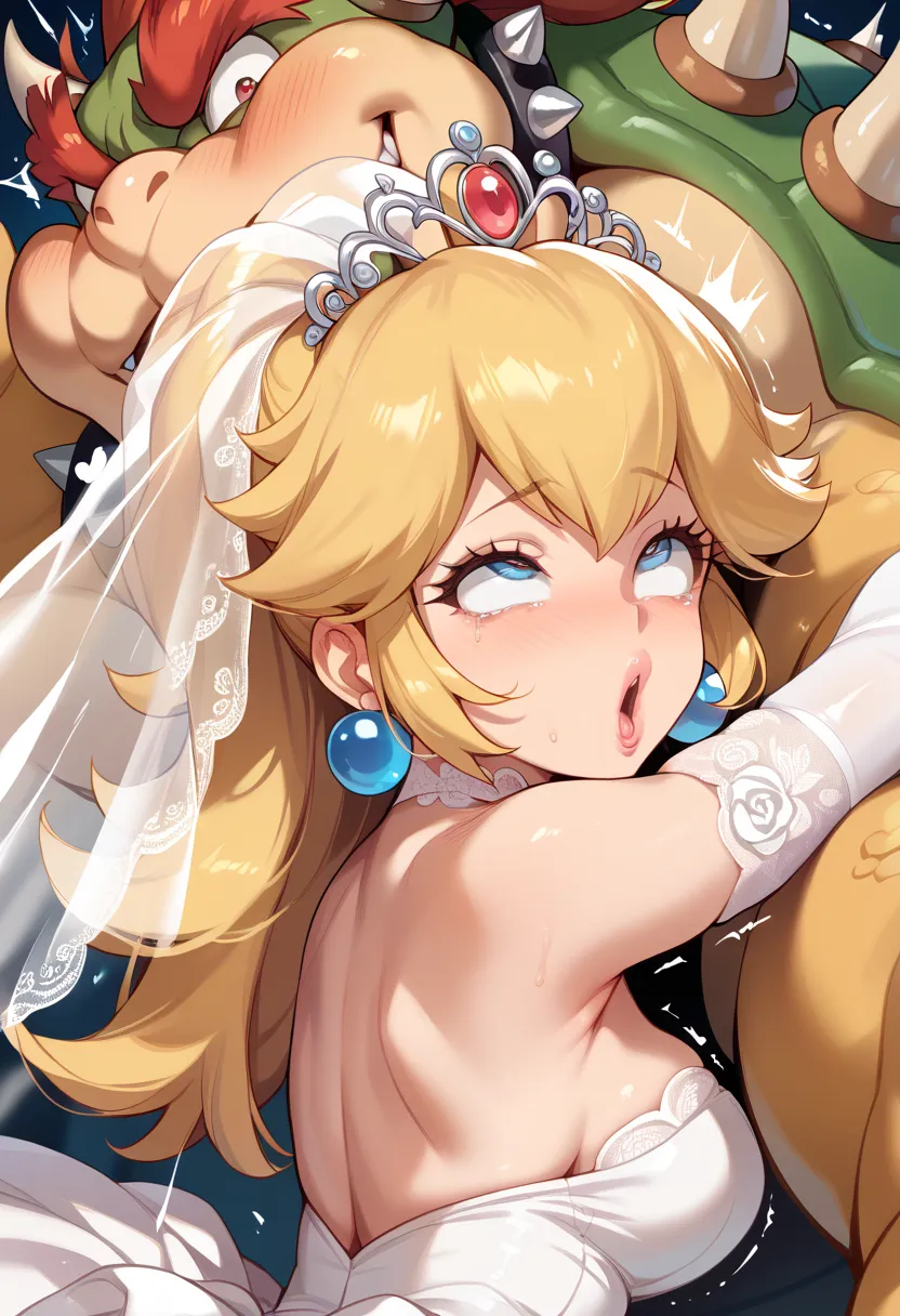  Masterpiece, Hi-Res, top quality,8k
(Princess Peach)
(wedding dress,bridal veil)
(rolling eyes, I feel a sense of pleasure)(looking at viewer)
(back hug)

( from the front, Face Up )
((trembling,motion blur))
(Giant Bowser)