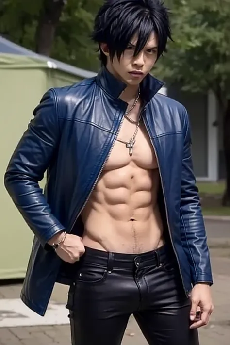 Fullbuster gray ,  wearing an open blue leather coat . shirtless,  black pants and marked boots