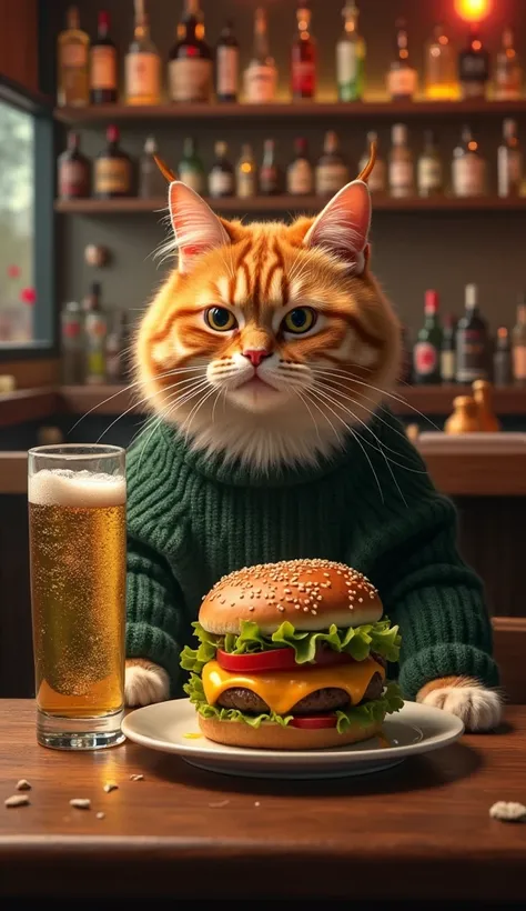 A chubby, fluffy orange tabby cat with white paws and a striped tail is sitting upright like a human at a wooden table in front of a lively, cozy bar. The cat is wearing a snug, casual sweater with a knitted texture in a dark green color. It is gazing at a...