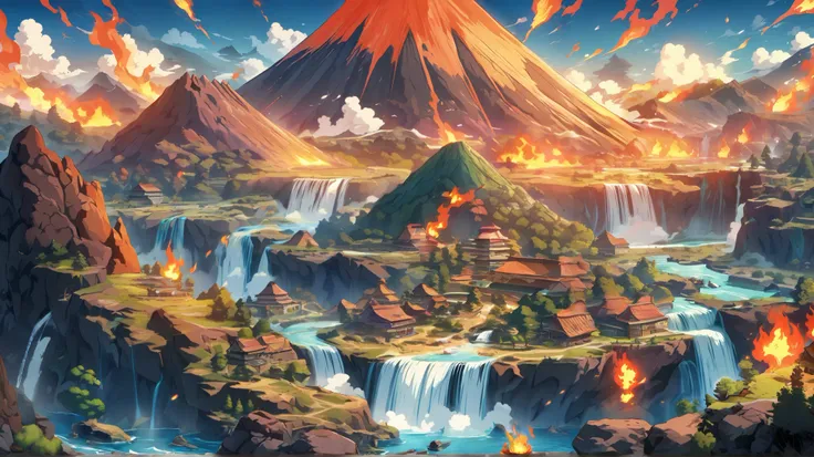 cartoon style wallpaper with fire elements, waterfalls and volcanoes 