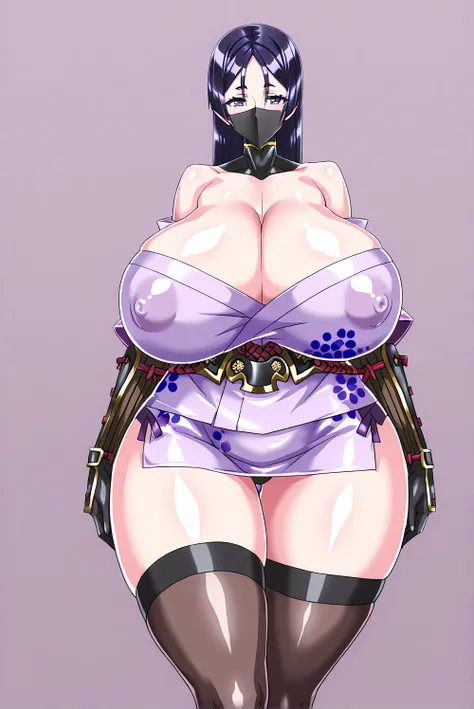 (Minamoto-no-Raikou,face forcus),(gigantic huge busty,big hips,glamorous,covered nipples,),(,ninja,ninja mask,yukata,mini skirt,tight-fitting,elbow gloves,Off-Shoulder,cleavage,thigh high stocking,),(,looking viewer,standing attention,arms at side,hands re...