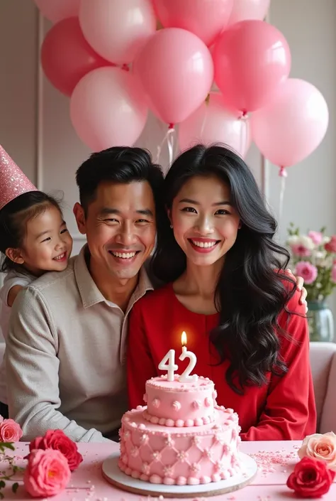 Generate a photo shoot image of a asian birthday girl in a red frock and a pink cake there is a 42 candle on cake. The lady has curly black hair 
Girl is surrounded by  42 years okd asian Husband and young asian  Daughter with birthday hat with balloons an...