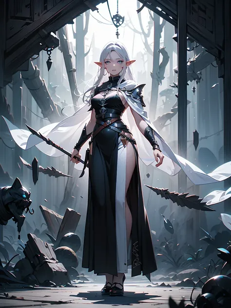 (Beautiful elf girl:1.3), long silver hair, blue glowing eyes, black silk dress, white cloak, holding a quill and papyrus, (full body:1.3), (standing:1.3), (wide shot:1.2), dynamic pose, cinematic lighting, masterpiece, high detail BREAK dark mystical fore...