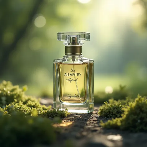 perfume advertising images,glass bottle,with nature background and blur,focus on perfume bottles,in love sentence (" Every step , Every Time - A Perfume That Always Enchants)