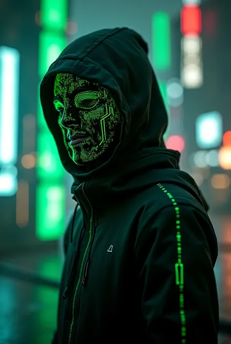 A person with a hacker mask and green outlines