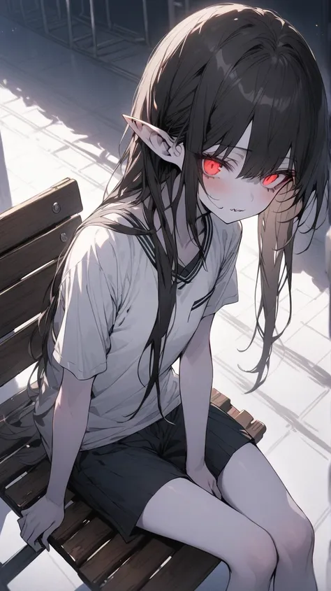 ((Best masterpiece, Perfect quality, Ultra detailed)), A skinny vampire girl with flat chest, Black hair, Morbid pale skin, Snake fangs, Pointed ears, Glowing scarlet eyes, Putting on a school jersey, Half pants, Sitting on a bench, In the gym, Lonely face...