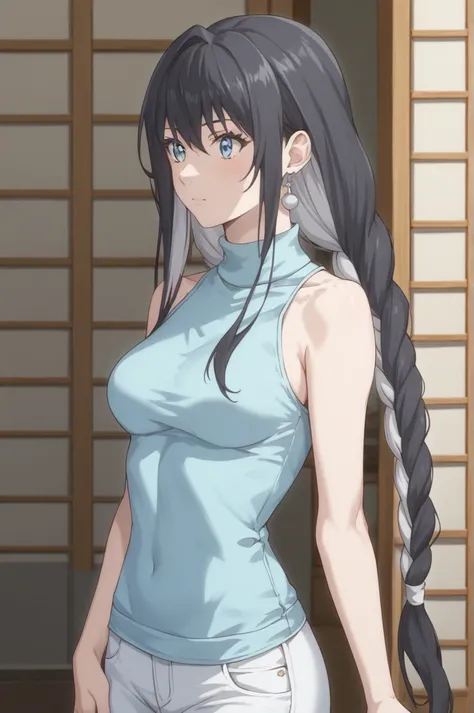 score_9, score_8_up, score_7_up, BREAK source_anime, yuki onna, light blue eyes, black hair, multicolored hair, long hair,　long two back braids of twintails, multicolored braids, medium breasts, cowboy shot, light blue sweater, sleeveless, bare shoulders, ...