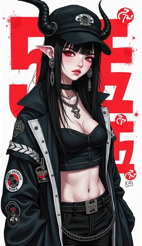 " A woman with demon features in cyberpunk and gothic style ,  with pointed ears and intense red eyes .  She has pale skin and long, smooth black hair with bangs .  Wear an oversized black and white jacket with multiple patches and Japanese symbols , in ad...