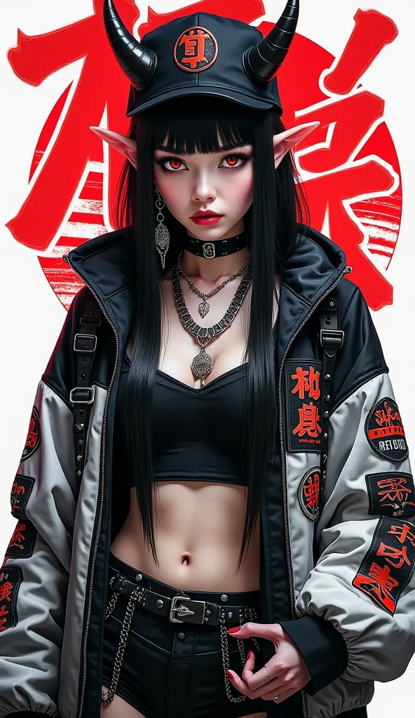 " A woman with demon features in cyberpunk and gothic style ,  with pointed ears and intense red eyes .  She has pale skin and long, smooth black hair with bangs .  Wear an oversized black and white jacket with multiple patches and Japanese symbols , in ad...