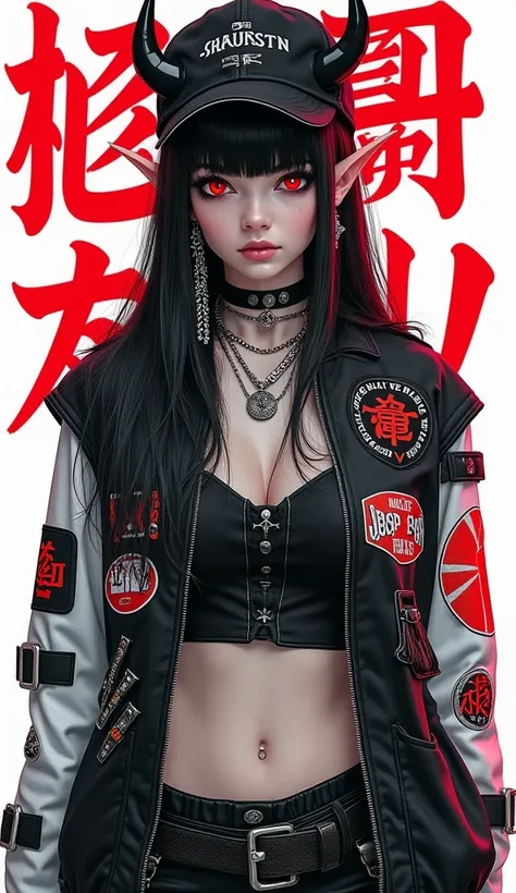 " A woman with demon features in cyberpunk and gothic style ,  with pointed ears and intense red eyes .  She has pale skin and long, smooth black hair with bangs .  Wear an oversized black and white jacket with multiple patches and Japanese symbols , in ad...