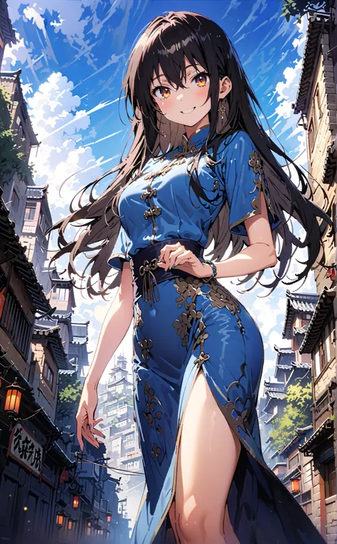 Yukina Himeragi, semi-long,   black hair,  brown eyes,smile, grin ,Medium breast,Blue Chinese clothing,  blue long slit , pin heels, putting one hand on the waist , angle from below, is standing,whole bodyが illustrationsに入るように,                             ...