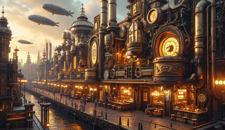 A grand steampunk city at dusk, bathed in warm golden and silvery hues. The skyline is dominated by towering Victorian-style buildings adorned with intricate mechanical gears, glowing neon signs, and polished brass accents. Airships drift lazily through th...