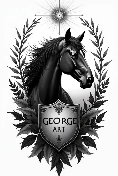 Create black and white tattoo paper print "A horse’s head silhouette surrounded by jungle, Viking shields shield written "George Art", and spiraling runes, with a celestial light shining above, symbolizing the connection between earth and the heavens."