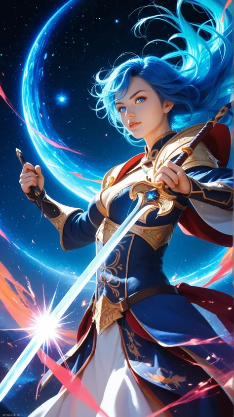 A powerful anime warrior princess with glowing blue hair and shining eyes, holding a magical sword, standing in front of a celestial background, ultra-detailed, dynamic action pose, fantasy anime art, vibrant colors --niji 6 --style scenic --ar 16:9 --q 2