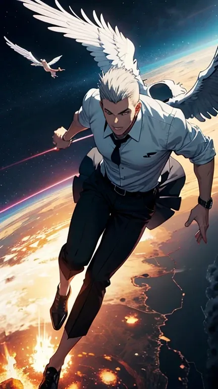    Male Character. Very large white man ,   short white hair shaved on the sides,   gray eyes . tall and thin.   black dress shirt and black pants. Flying out of a crater on the ground with angelic wings.  realistic anime style.
